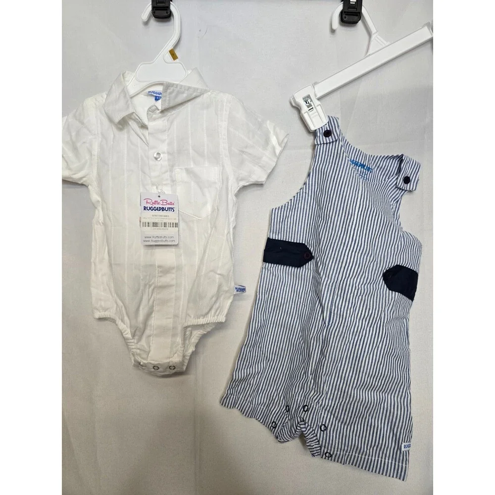 NWT Rugged Butts Kids Blue SS Jon Jon & White Bodysuit Outfit Set Size 6-12M